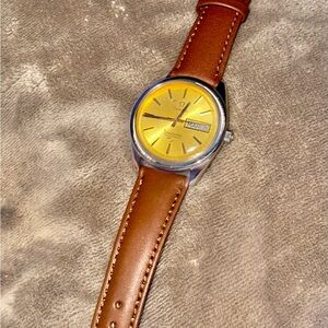 Omega Yellow Dial Watch with Brown Leather Strap
